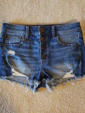 American Eagle Outfitters Distressed Blue Denim Button-Front Shorts